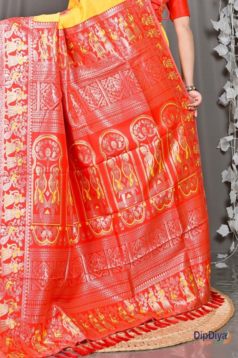 Yellow Red Cotton Silk Parza Baluchari Saree (582)